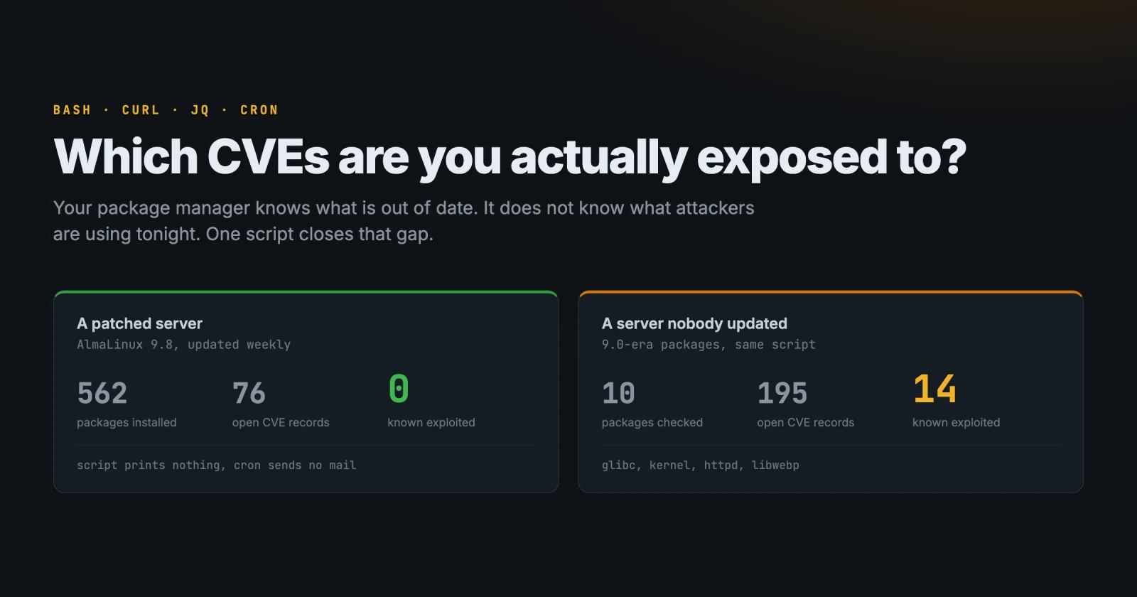 Two AlmaLinux servers compared: a patched box with 562 packages, 76 open CVE records and zero known exploited, next to an un-updated box with 195 open records and 14 known exploited