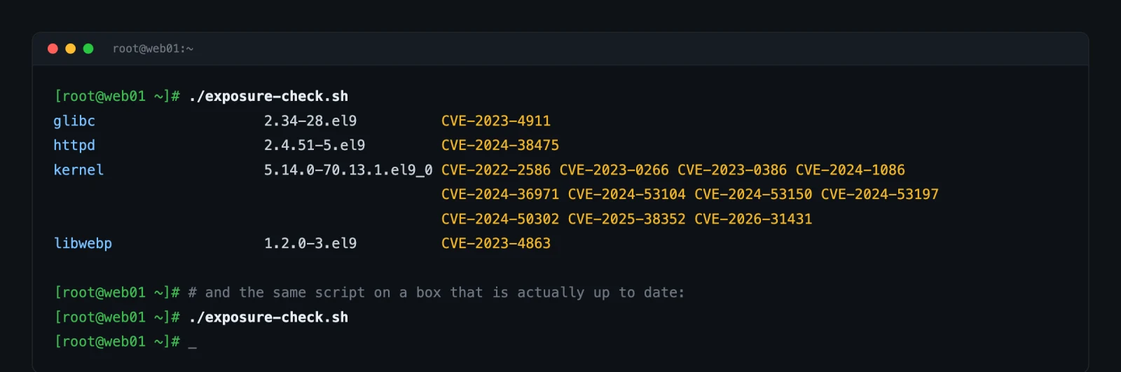 Terminal output of exposure-check.sh listing glibc, httpd, kernel and libwebp with their known-exploited CVE ids, then the same script on a patched server printing nothing